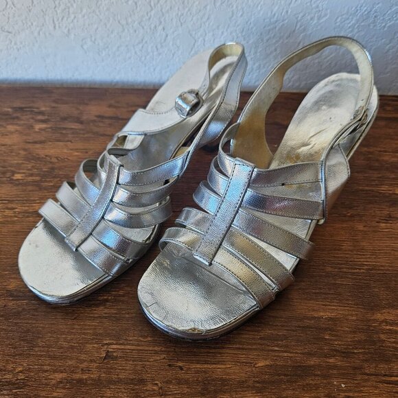 Vintage 70s Womens Silver Leather Strappy Sandals Heels Disco ABBA Size 6.5 - Picture 1 of 10